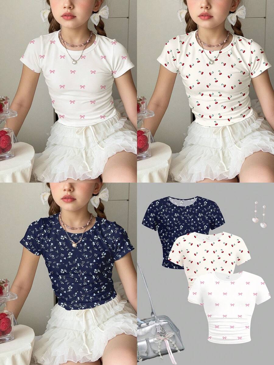 SHEIN 3 件套青少年女孩休闲蝴蝶结、樱桃、碎花圆领褶饰修身短袖 T 恤套装 - 彩色 - 查看 1