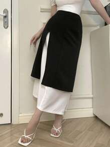 DAZY 撞色拼接半身裙，荷叶边设计，适合女性穿着。 - 黑色 - 查看 4