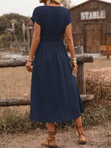 EMERY ROSE Women's Spring Summer Western Bohemian Holiday Style Casual Shirred Waist Gathered Twisted Back Shirred Dropped Shoulder Flared Sleeve Midi Dress