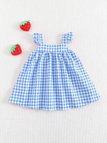Cozy Pixies Baby Girl Strawberry Pattern Square Neck Ruffle Hem Cinched Waist Sleeveless Dress - Blue - View 2