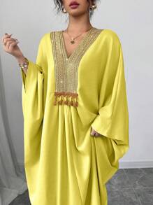 Elenzga Drop Shoulder Linen Long Dress With Gold Neckline - Yellow - View 6