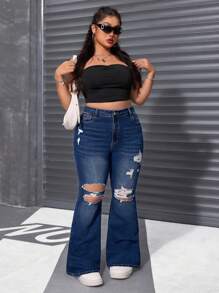 SHEIN ICON Plus Size Women Summer Navy Stretch Skinny Exaggerated Ripped Denim Flare Pants - Dark Wash - View 4