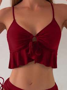 Swim Basics 女士纯色系带性感比基尼泳装套装，夏季海滩风格 - 酒紅色 - 查看 3