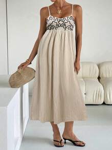 Siren Gaze 女士简约拼色细肩带连衣裙，适合夏季 - 杏色 - 查看 6