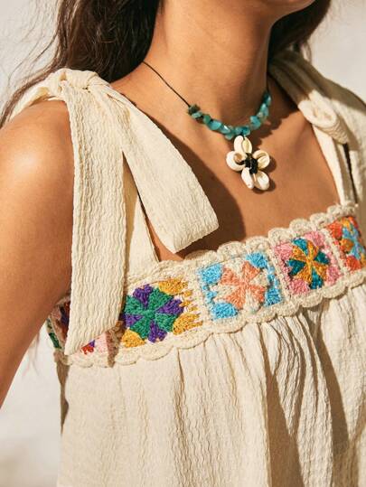 Easelle 2025 新款夏季女式波西米亚风格度假装，海滩手工钩编花卉装饰流苏色块细节，女式常规长度丝带短款背心