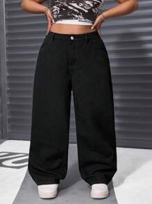 SHEIN EZwear 大码女式口袋阔腿宽松休闲百搭牛仔裤 - 黑色 - 查看 6