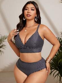 SHEIN Swim Curve 大码女式 3 件套波尔卡圆点吊带比基尼泳装，配有可调节肩带和长裙，度假泳装套装