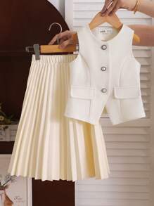 SHEIN 2pcs Set Young Girl Elegant Sleeveless Blazer Vest & Pleated Skirt Suit,Mom And Daughter & Sisters Matching Style Matching