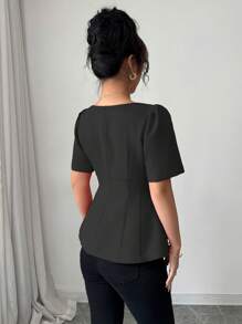 Elenzga Women's Casual Elegant Square Collar Cinched Waist A-Line Bell Sleeve Short Sleeve Blouse, Spring/Summer - Black - View 2