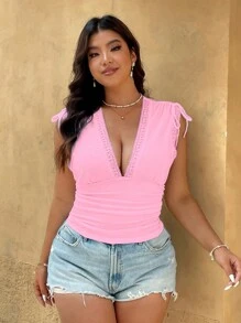 Calvaya 1pc Women Plus Size V-Neck Lace Patchwork Drawstring Hem Fitted Casual/Date Top - Pink - View 5