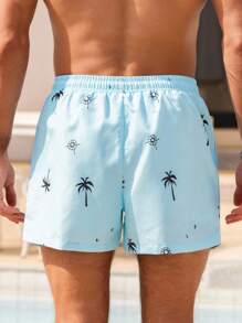 Manfinity Swimmode Men's Coconut Tree Print Beach Shorts With Drawstring Waist, Summer, Hawaiian