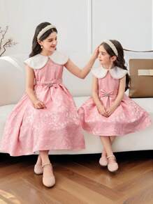 Young Girl Pearl Decor Large Lapels Patchwork Patchwork Floral Jacquard Midi A-Line Dress, Shawl Neck, Cake Dress, Flower Girl, Cute & Elegant & Sweet & Vintage & Fashionable. Mom And Daughter & Sisters Matching, Family Vacation, Daily Wear, Home Family Gatherings And Special Occasions, Sibling Outfits, Gorgeous Princess, Party Wear, For Birthdays, Spring/Summer. - Pink - View 11