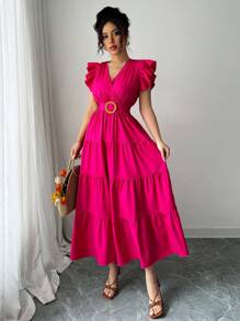 Elenzga 全新梭织褶皱荷叶边拼接胸前褶皱盖袖腰带后拉链海滩休闲修身腰部优雅优雅女士连衣裙 - 玫紅色 - 查看 7