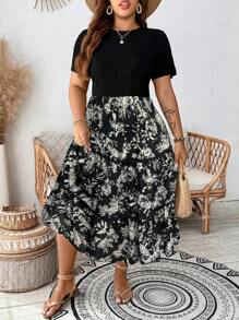 SHEIN LUNE Plus Size Elegant Floral Print Lace Patchwork Dress - Black - View 4