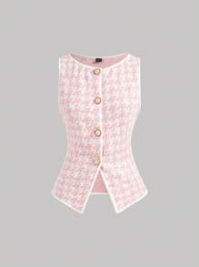 SHEIN MOD Women's Elegant Pink Knitted Houndstooth Tank Top With Contrast Binding And Pearl Buttons - Pink - View 1