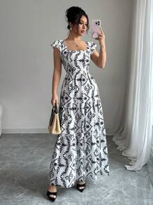 Elenzga Women's Elegant Allover Print Ruffle Hem Summer Dress - Multicolor - View 3