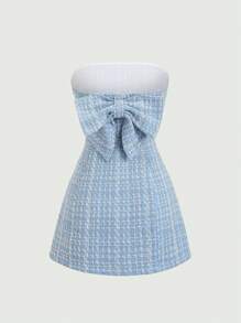 Sweetra 女士时尚优雅高端百搭粉色粗花呢蝴蝶结抹胸迷你连衣裙