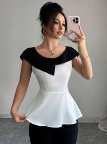 Elenzga Elegante blusa primaverile/estiva da donna con colletto a blocchi di colore, in tessuto intrecciato