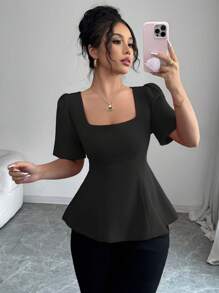 Elenzga Women's Casual Elegant Square Collar Cinched Waist A-Line Bell Sleeve Short Sleeve Blouse, Spring/Summer - Black - View 1