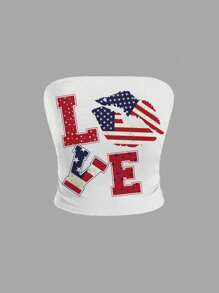 ROMWE Avant 7月4日，复古美式街头风宝贝，美国国旗和口红印花荷叶边女式抹胸上衣 - 白色 - 查看 1