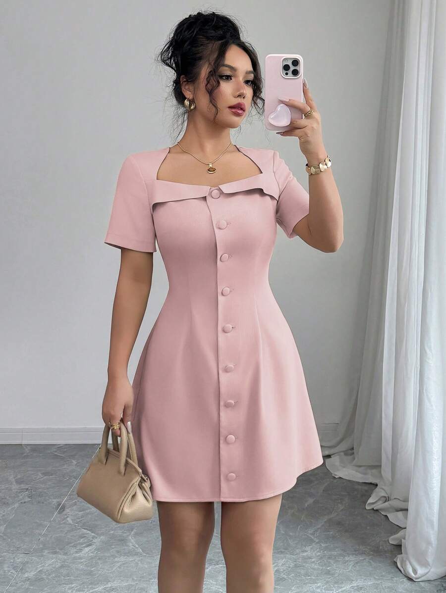 Elenzga 女式优雅通勤梯形领荷叶边前扣腰A字短袖迷你连衣裙，春夏 - 粉色 - 查看 1