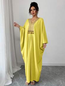 Elenzga Drop Shoulder Linen Long Dress With Gold Neckline - Yellow - View 5