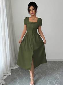 Elenzga Women's Elegant Commuting Trapezoid Collar, Cuff, Button Decoration, Waist-Cinched, A-Line, Slit Hem Long Sleeve Dress, Spring/Summer - Army Green - View 7