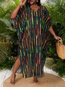 SHEIN Slayr CURVE Plus Size Women Random Print V-Neck Loose Beach Vacation Long Cover Up - Green - View 1