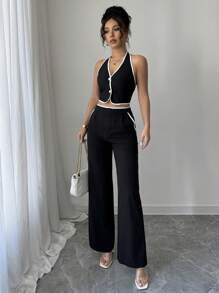 Selianne 2件套女士简约装饰单扣吊带上衣和裤子通勤套装 - 黑色 - 查看 6