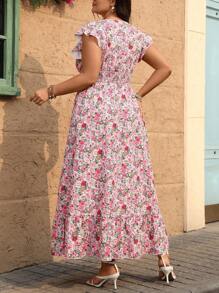 SHEIN Clasi Plus Size Flower Printed Shirred Swing Casual Summer Holiday Dress Maxi Women Outfit - Multicolor - View 2