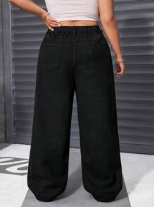 SHEIN EZwear 大码女式口袋阔腿宽松休闲百搭牛仔裤 - 黑色 - 查看 2