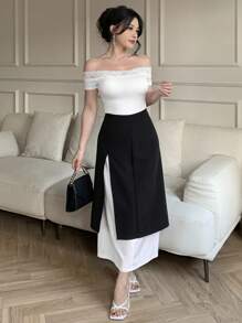 DAZY 撞色拼接半身裙，荷叶边设计，适合女性穿着。 - 黑色 - 查看 5