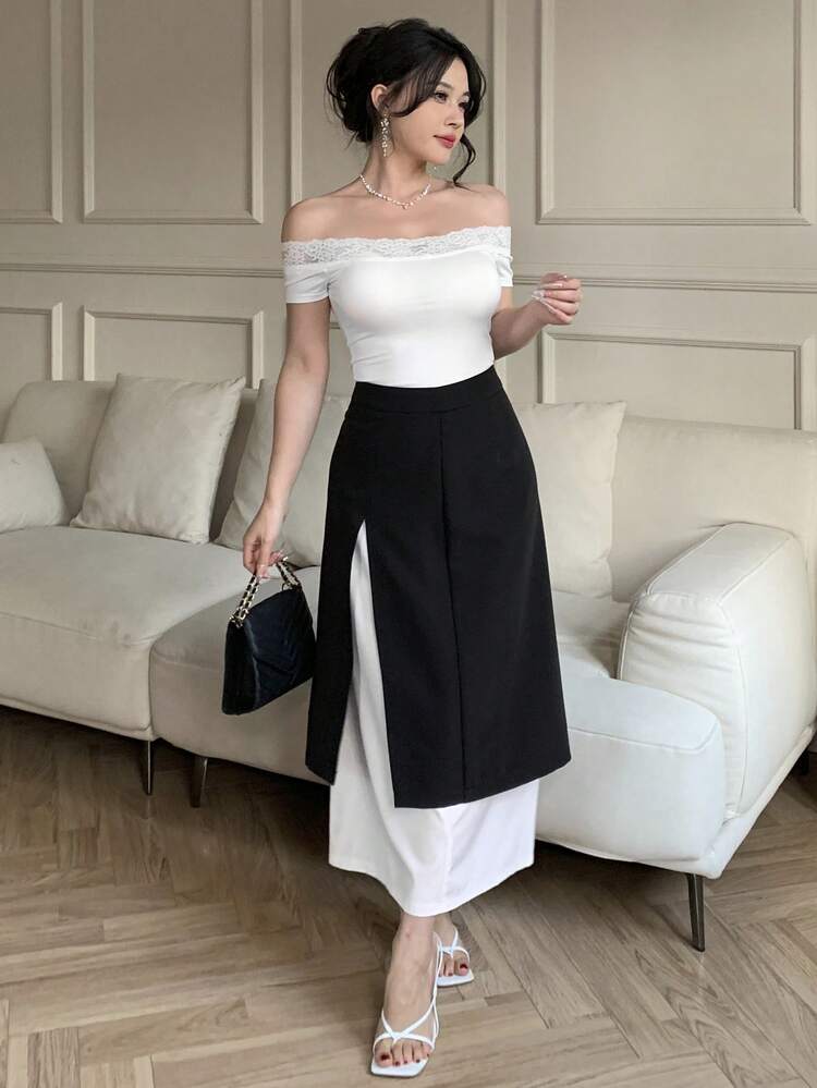 Color Block Patchwork Skirt Look Skirt For Women,Ruffle