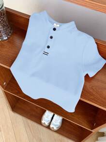 Áo thun polo tay ngắn màu trơn thoải mái cho bé trai mặc thường ngày, thích hợp cho mùa xuân và mùa hè, thích hợp cho mùa hè, mùa xuân, tuyệt vời cho hoạt động ngoài trời, trường học, phong cách đường phố, tiệc tùng và mặc thường ngày, hiệu suất cao - Màu xanh nhạt - Xem 5