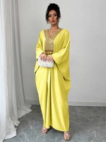 Elenzga Drop Shoulder Linen Long Dress With Gold Neckline - Yellow - View 3