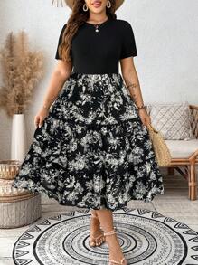 SHEIN LUNE Plus Size Elegant Floral Print Lace Patchwork Dress - Black - View 1