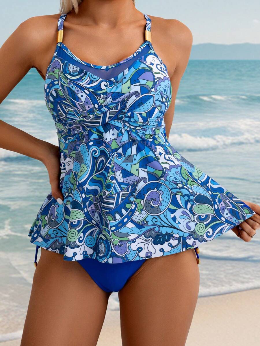 Swim Lushoire Women Summer Casual Vacation Mesh Patchwork Random Print Crisscross Front Crop Top And Blue High Waist Bottoms 2PC Bikini Swimsuit - Multicolor - View 1