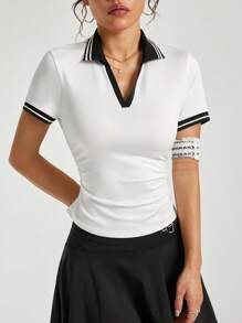 Dewbera Camisa polo deportiva de mujer de unicolor con parches, de manga corta y ajustada