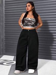 SHEIN EZwear 大码女式口袋阔腿宽松休闲百搭牛仔裤 - 黑色 - 查看 5