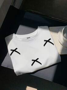 Tseoso Casual Minimalist 3D Embroidered Black Bow Crew Neck Short Sleeve Cropped Fitted Women T-Shirt, Retro Style,Bowknot Strap Suitable For Going Out