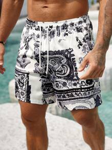 Manfinity Swimmode Men's Summer Vacation Paisley Print Drawstring Waist Beach Shorts, Hawaiian