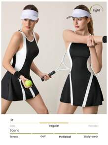 CourtClass 女士纯色拼接圆领无袖短款运动连衣裙，运动连衣裙