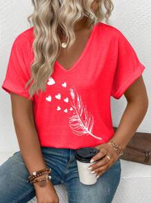 SHEIN VCAY Women's V-Neck Cuff Feather Print Casual Plus Size T-Shirt - Red - View 3