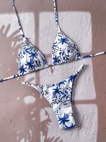 Swim Mod Conjunto de bikini con tirantes finos con estampado aleatorio y decoración metálica para mujer "Springbreak", conjunto de ropa de playa de verano