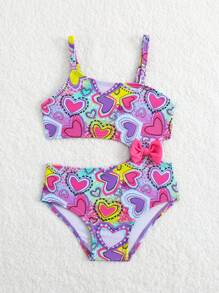 Baby Girl Summer Holiday Beach Heart Print Hollow Out Spaghetti Strap One-Piece Swimsuit