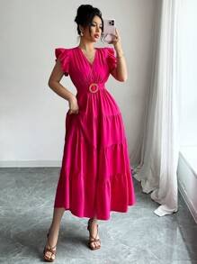 Elenzga 全新梭织褶皱荷叶边拼接胸前褶皱盖袖腰带后拉链海滩休闲修身腰部优雅优雅女士连衣裙 - 玫紅色 - 查看 4