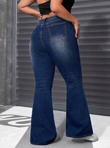 SHEIN ICON Plus Size Women Summer Navy Stretch Skinny Exaggerated Ripped Denim Flare Pants - Dark Wash - View 2
