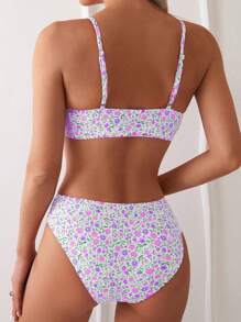 SHEIN Swim 女士夏季沙滩碎花性感比基尼泳装套装 - 紫色 - 查看 2