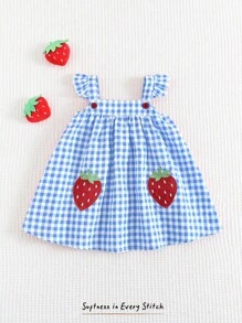 Cozy Pixies Baby Girl Strawberry Pattern Square Neck Ruffle Hem Cinched Waist Sleeveless Dress - Blue - View 3