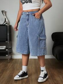 SHEIN ICON Plus Size Women Loose Straight Distressed Blue Cargo 3/4 Jeans With Large Pockets - Medium Wash - View 5